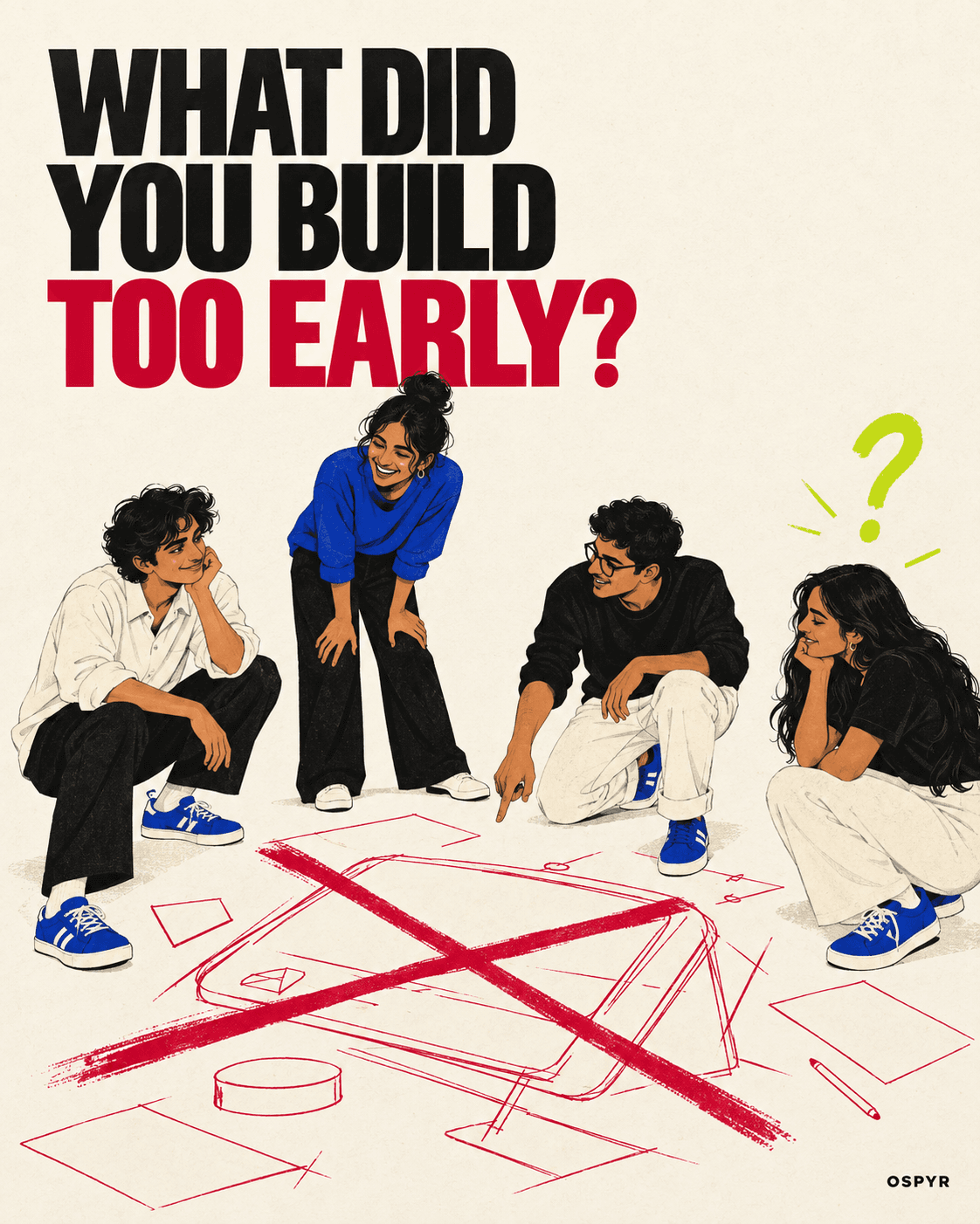 Four illustrated founders reviewing a crossed-out product plan beneath the question: What did you build too early?