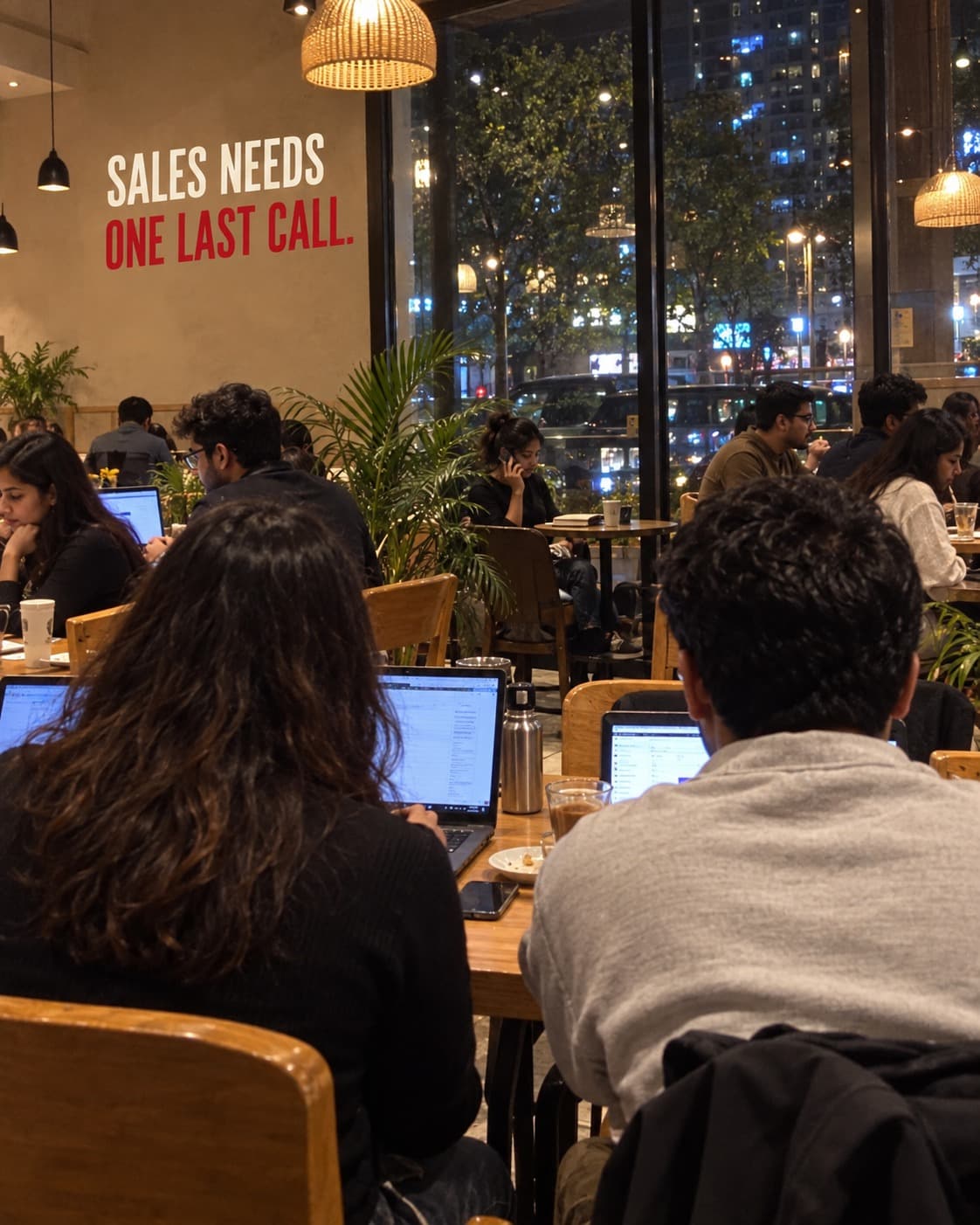 A busy team workspace beneath the words: Sales needs one last call.